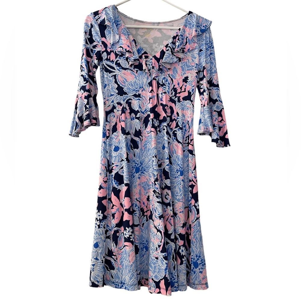 🌸 Lilly Pulitzer Stirling Ruffle Dress 3/4 Bell Sleeve, Bright Navy Amore Please - Picture 3 of 14